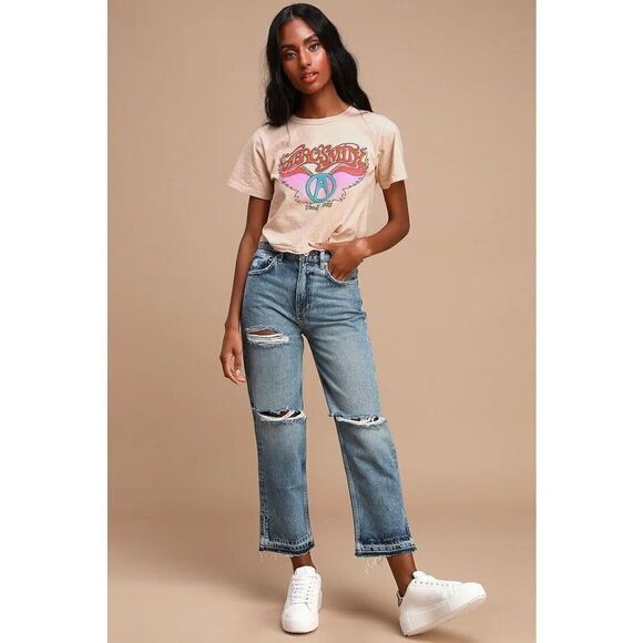 We The Free Free People Lita Light Wash Distressed High-Waisted Slim Leg Jeans - Picture 1 of 9